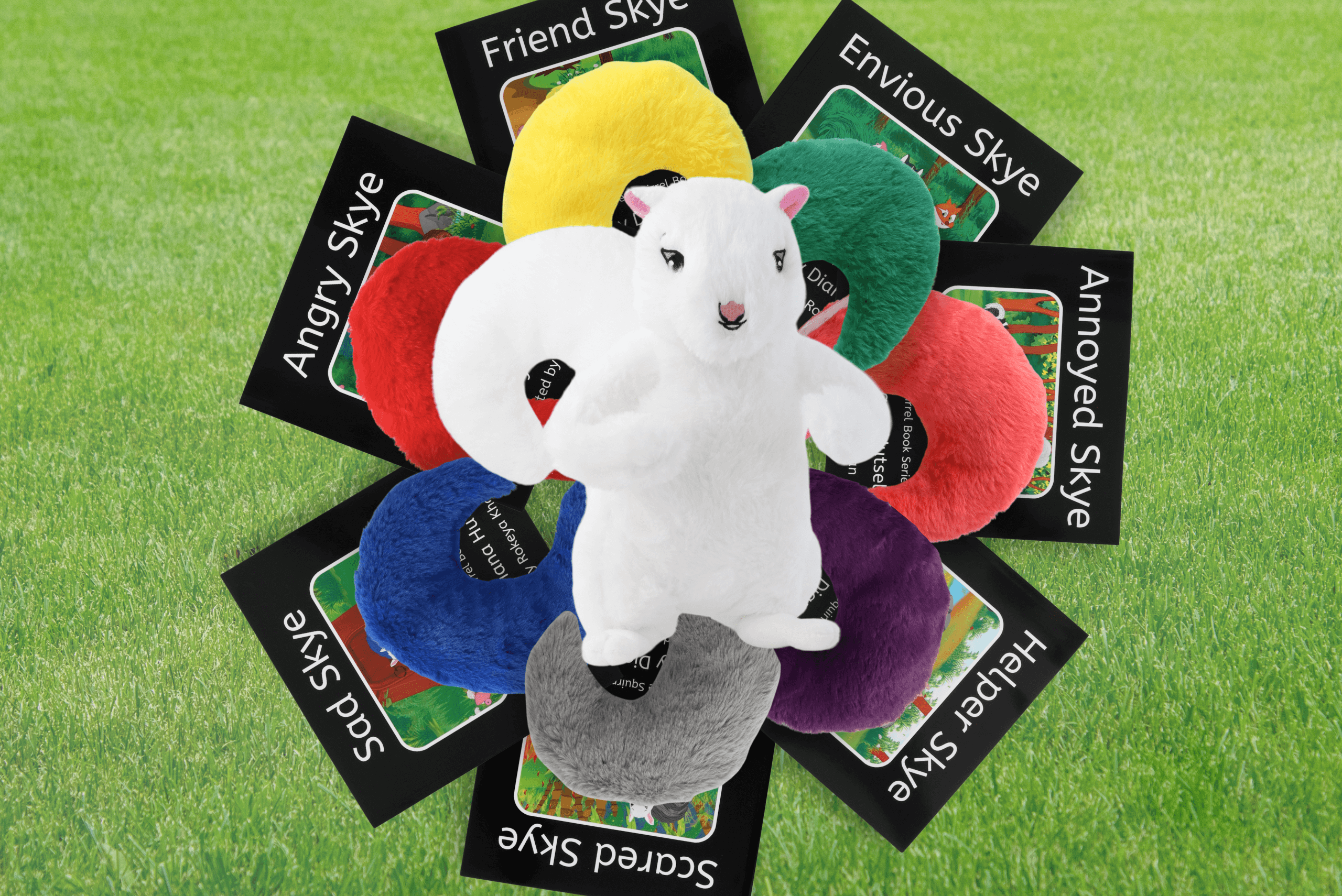 Emotion squirrel surrounded by current 7 Skye Squirrel books and colored emotion tails